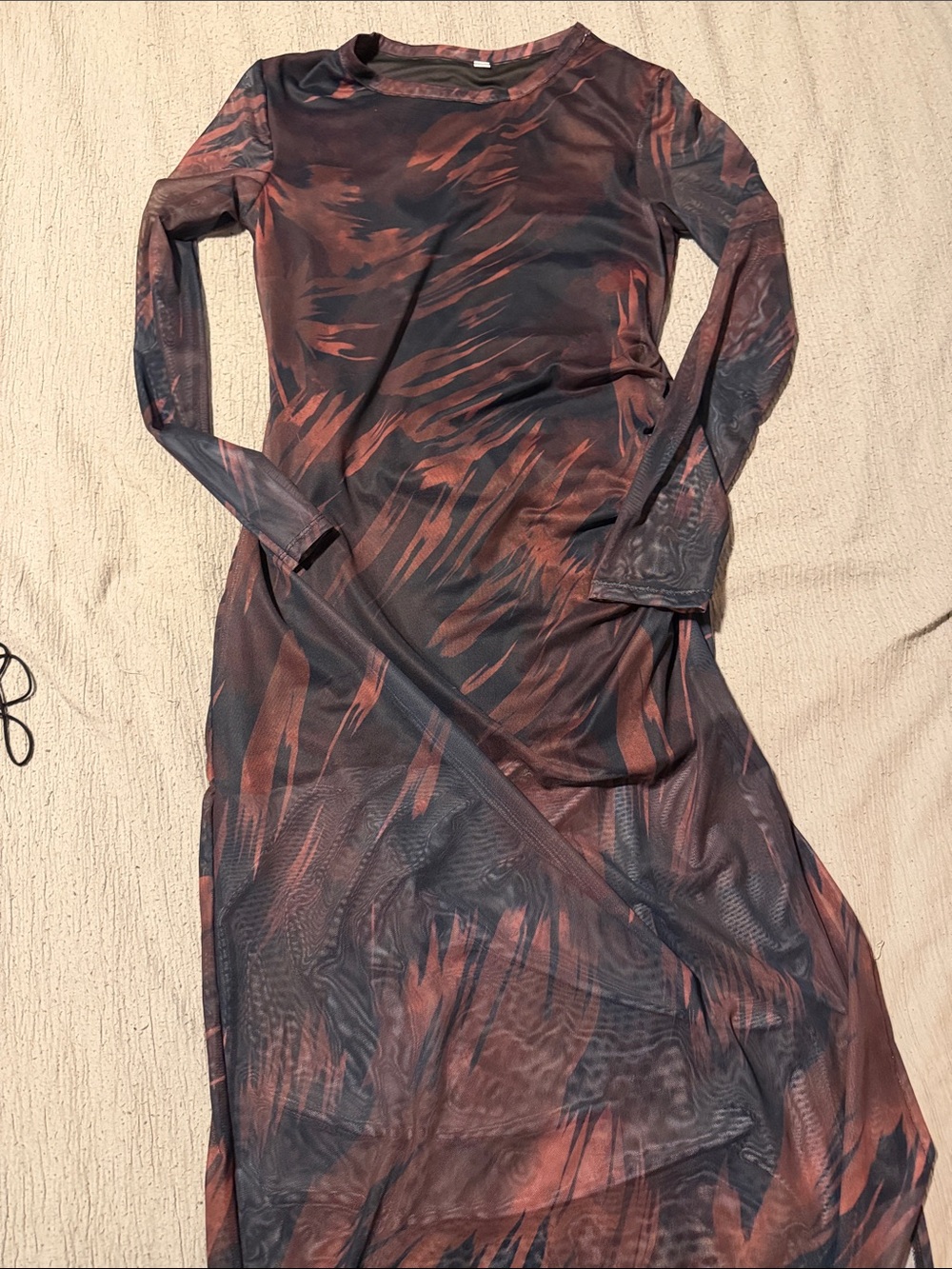 Sheer Long Sleeve Maxi Dress in Rust and Black